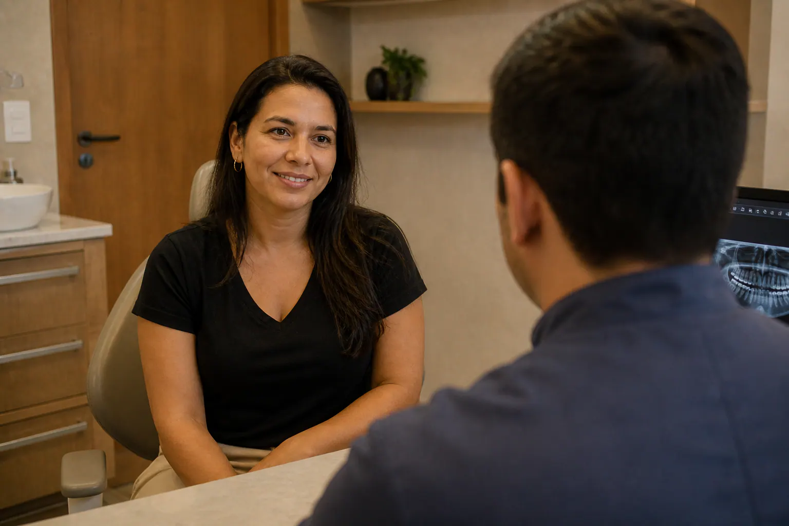 Paciente em conversa com o dentista durante avaliação no consultório — Sobilis Odontologia Humanizada, Itapoã, Belo Horizonte.