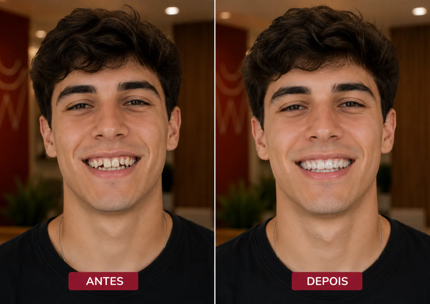Transformação odontológica em retrato comparativo — Sobilis Odontologia Humanizada, Itapoã, BH