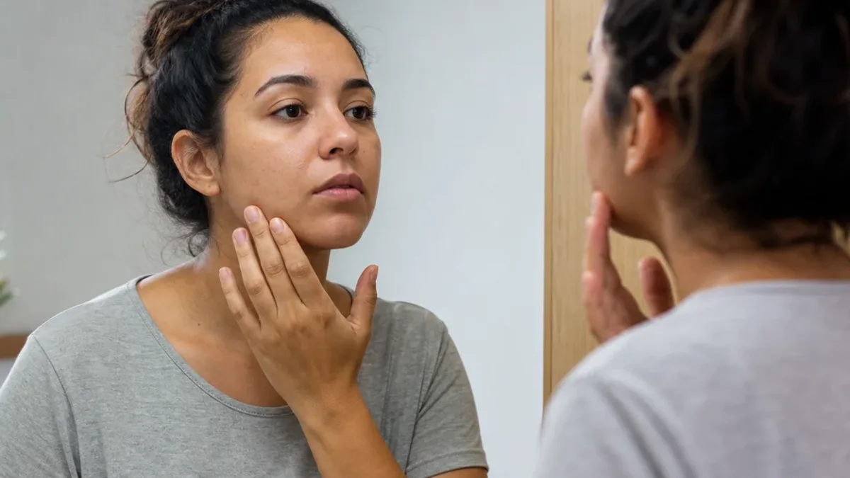 Carla, 42 anos, analisando tensão na mandíbula antes da avaliação de toxina botulínica para bruxismo na Sobilis — Itapoã, Belo Horizonte