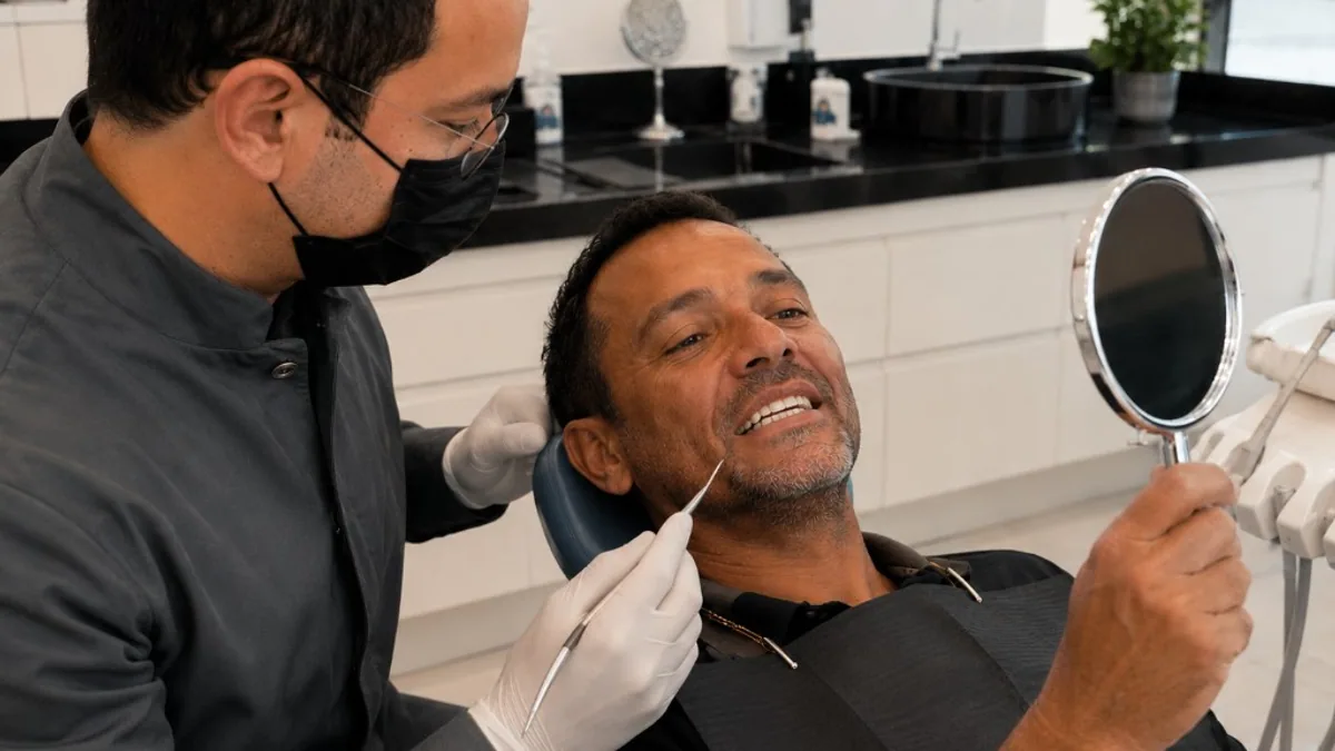 Paciente verificando resultado de clareamento dental com Dr. Franklin — Sobilis Odontologia Itapoã BH