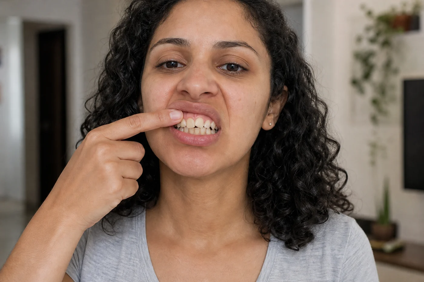 Juliana, 29 anos, com dentes da frente tortos e apinhados visíveis — dente torto em Belo Horizonte