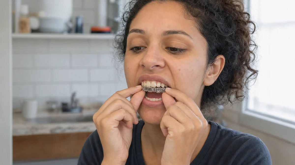 Juliana, 29 anos, colocando alinhador transparente nos dentes ainda tortos — tratamento ortodôntico em Belo Horizonte