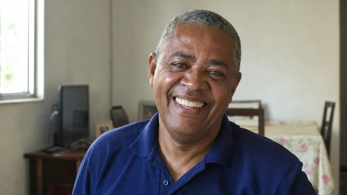 Homem de meia-idade, morador da Pampulha, com sorriso natural exibindo dentes restaurados com implante dentário — Sobilis Odontologia, Itapoã, Belo Horizonte