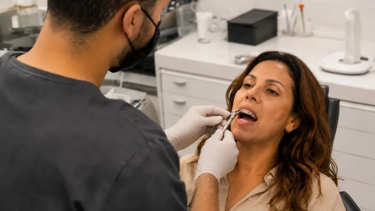 Dr. Franklin Araújo de costas ajustando aparelho ortodôntico estético em paciente adulta na Sobilis — ortodontia para adultos, Itapoã, Belo Horizonte