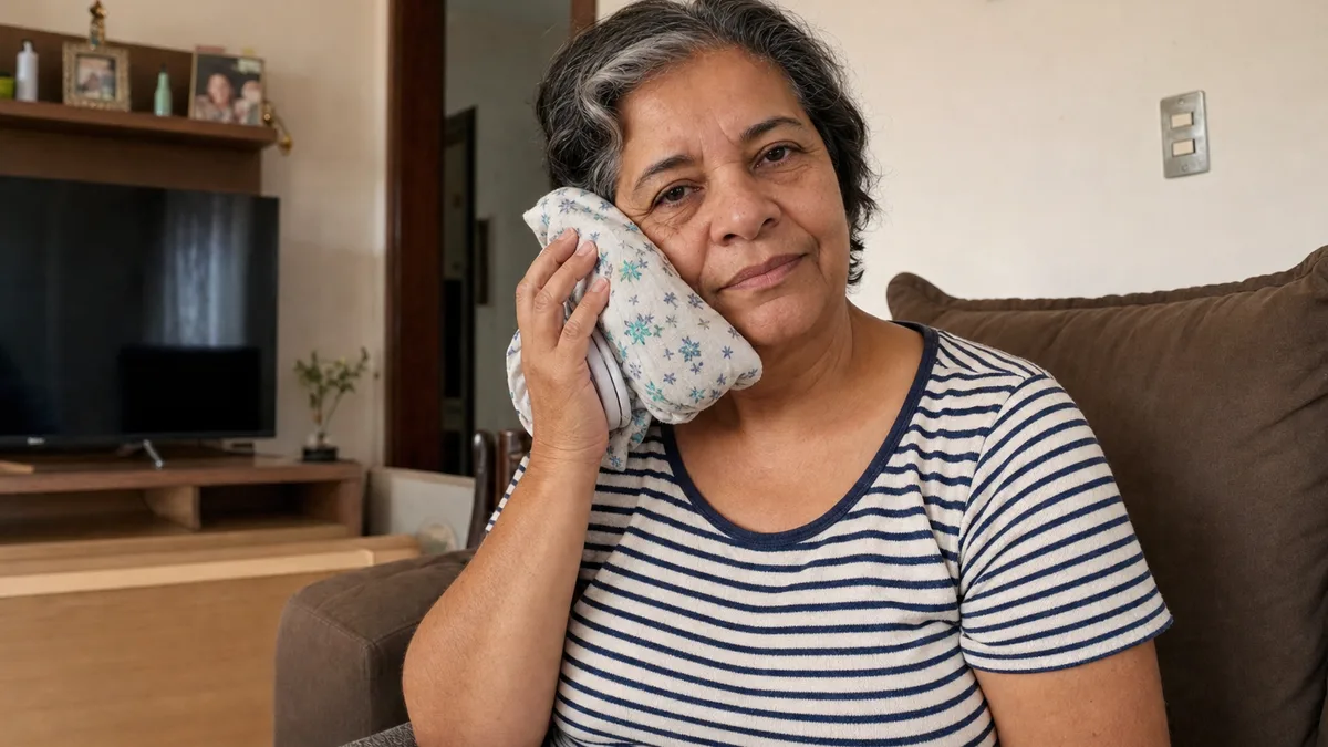 Mulher de 50 anos, moradora do bairro Venda Nova em Belo Horizonte, com compressa de gelo no rosto no pós-operatório de implante dentário — cuidados em casa após cirurgia