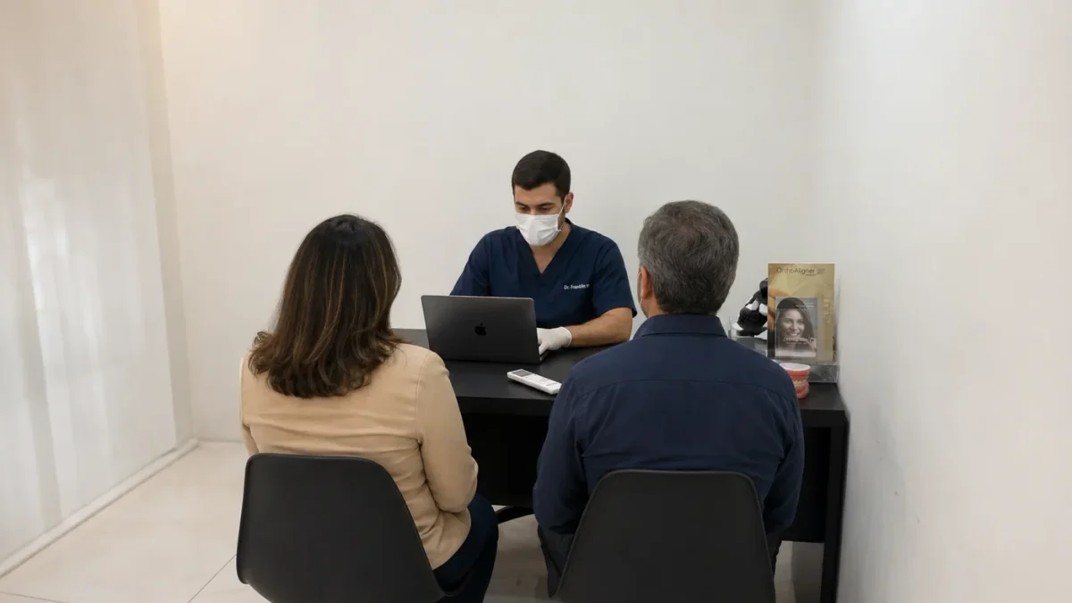 Paciente adulta em planejamento ortodôntico na mesa de consulta da Sobilis — Itapoã, Belo Horizonte