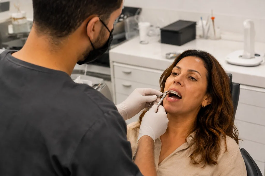 Dr. Franklin Araújo de costas ajustando aparelho ortodôntico estético em paciente adulta na Sobilis — ortodontia para adultos, Itapoã, Belo Horizonte