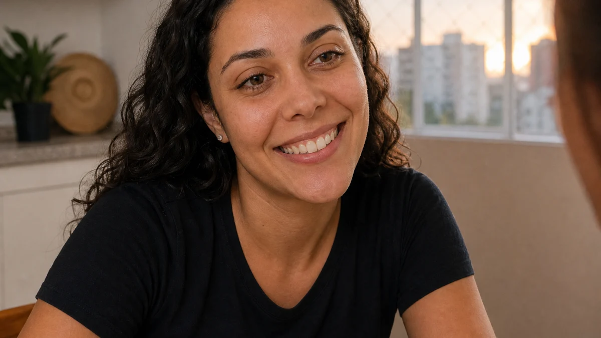 Paciente sorri em casa após jornada de alinhamento dentário — Belo Horizonte.