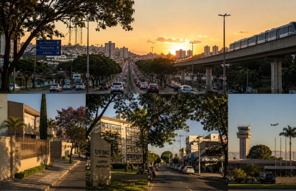 Colagem: Avenida Pedro I e Pampulha, rua residencial, campus UFMG Pampulha, bairro da zona norte e Aeroporto da Pampulha — referências da região atendida pela Sobilis em Itapoã, Belo Horizonte