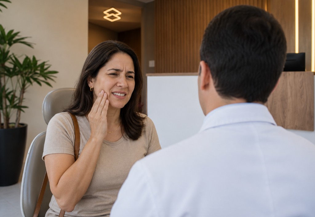 Imagem ilustrativa — paciente com dor dental na consulta; dentista de costas (contexto educativo, canal); resultados individuais podem variar